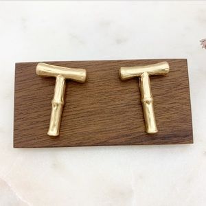 'T' Bamboo Initial Name Earrings Studs Gold